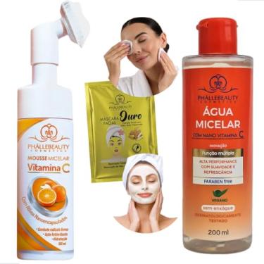Imagem de Kit Demaquilante, Mousse e Água Micelar Vitamina C, Máscara Facial Ouro, 3 Peças