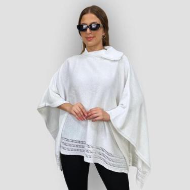 Imagem de Poncho Feminino Tricô Lã Gola Alta Quente Inverno Estilo - GIP, Branco