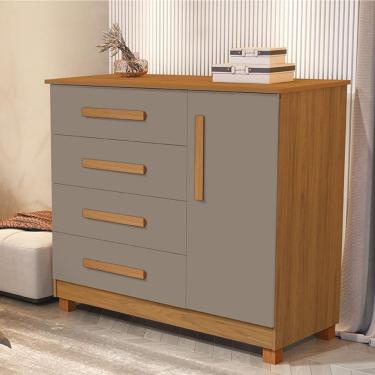 Imagem de Comoda Grecia Quarto 4 Gavetas 1 Porta E Pés Madeira Maciça Nature/Gris Nature/Gris