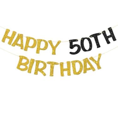 Imagem de Faixa Happy 50th Birthday - Suprimentos de guirlanda de festa de 50 anos para adultos - Decorações de festa Cheers to 50 Years - Glitter preto dourado