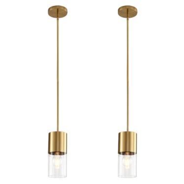 Imagem de Deamakk Luminárias Pendentes Modernas De Latão Para Ilha Cozinha, Suspensas Estilo Fazenda Dourada Com Cúpula Vidro Transparente, Iluminação Sobre Mesa Jantar (Pacote 2 Hastes)