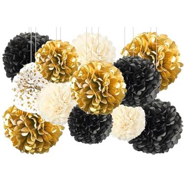 Imagem de SIPRKAICT 12 Peças De Pompons Papel Seda Dourados E Pretos Para Pendurar, Flores Decoração Festa No Teto