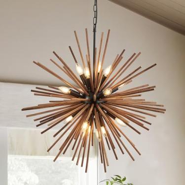 Imagem de lighceac Lustre Sputnik De 31,3" Estilo Fazenda Para Sala Jantar, Rústico, Feito À Mão, Madeira Natural, Com 16 Lâmpadas, Pendente Teto, Em Forma Estrela, Cozinha, Quarto, Hall Entrada E Corredor