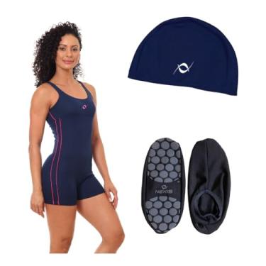 Imagem de Kit Maiô Macaquinho Natação Hidroginástica + Touca Tecido E Sapatilha Antiderrapante (Sapatilha Azul Marinho P - Óculos Preto, G)