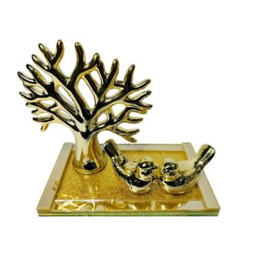 Imagem de Kit Decoração Sala Cerâmica Bandeja Vidro Enfeite Passarinho Árvore da