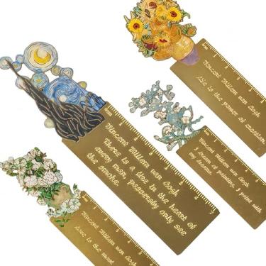 Imagem de Van Gogh Conjunto de marcadores de livro de metal com escala de régua (4 peças) – Marcadores de página vazados dourados elegantes e marcas de medição para amantes de livros, escritores e leitores