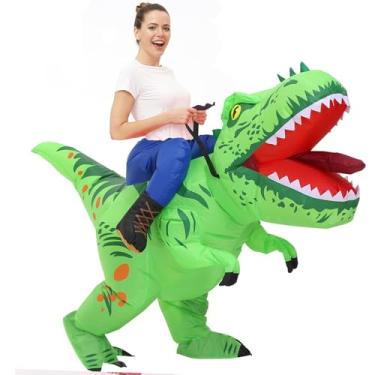Imagem de MT MENGTONG Fantasias de dinossauro para adultos, fantasias infláveis engraçadas de Halloween para homens/mulheres, fantasia de T rex inflável, fantasia de cavaleiro de dinossauro