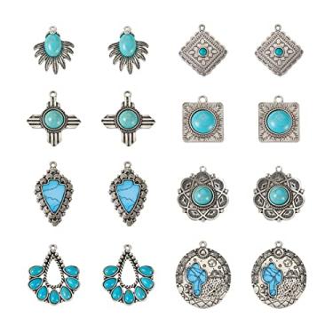 Imagem de Spritewelry 16 peças 8 estilos de pingentes estilo tibetano pingentes de pedra turquesa sintética para colar pulseira joias artesanato fabricação (leque cruz oval peixe gota cruz losango quadrado flor)