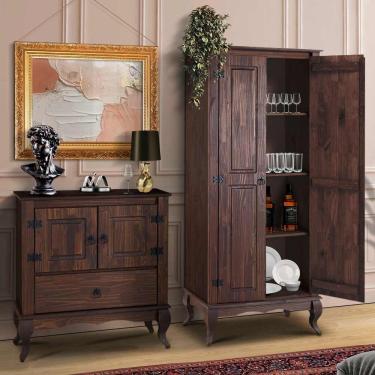 Imagem de Balcão Com Cristaleira Rústico Madeira Maciça Marrom Jm Móveis