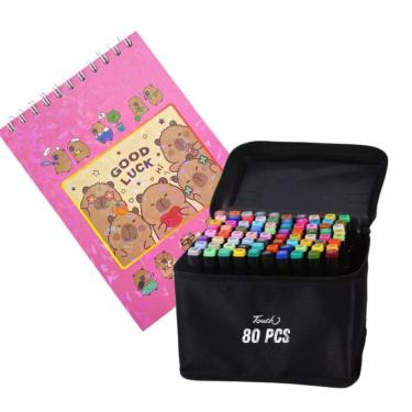 Imagem de Canetinhas 80 Cores Livro Pintar Colorir Capivara Feliz 50 Paginas Desenho Estojo Caneta Pintura Relaxante Lazer Hobbie