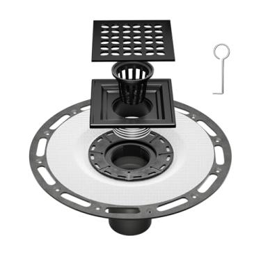 Imagem de Fibetter Square Shower Drain with Flange Base, 4-1/3 Inch Removable SUS 304 Stainless Steel Shower Floor Drain kit, Hair Catcher Shower Drain with Accessories - Matte Black