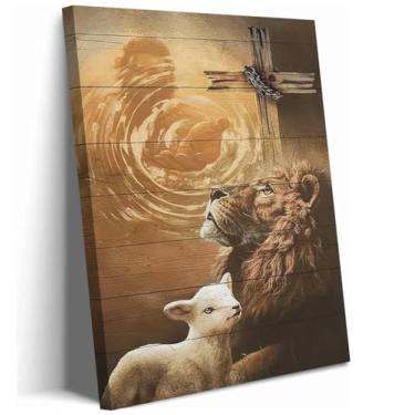 Imagem de Arte de parede em tela de leão e cordeiro Jesus Cristão Pôster Imagens Leões de Judá Imagens Cristo Pintura Religiosa Arte para Igreja Sala de Estar Escritório Decoração de Casa 40 x 61 cm Emoldurado