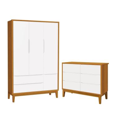 Imagem de Jogo de Quarto Infantil Classic Guarda Roupa 3 Portas e Cômoda 6 Gavetas com Pés Amadeirado - Reller Móveis Branco/Savana