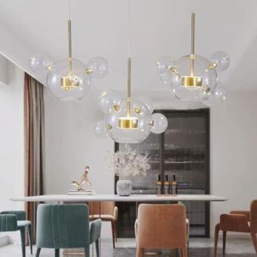 Imagem de Lustres, luz LED artística moderna, globo de vidro, bolha, 1 luz, 15 lâmpadas, globo transparente para sala de jantar, iluminação tripla (branco)