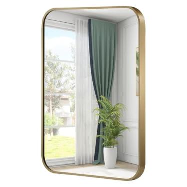 Imagem de JENBELY Espelho dourado, espelho retangular emoldurado de 66 x 96 cm com canto arredondado, espelho de latão escovado, espelho de banheiro dourado para pia, penteadeira, sala de estar, quarto