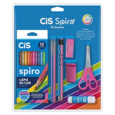 Imagem de CIS Spiro 9 peças - 2 canetas esferográficas, 2 lápis pretos HB, 1 borracha, 1 apontador, 1 tesoura, 1 cola bastão e 1 caixa de lápis de cor com 12 cores, Rosa