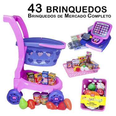 Imagem de Mercado Infantil Completo Carrinho Cesta Caixa Comida 43pç - Altimar