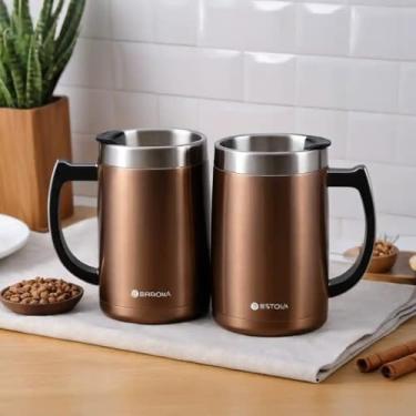 Imagem de Caneca Térmica Parede Dupla em Aço Inox Marrom 850ml com Base Antiderrapante - Estilo Liso