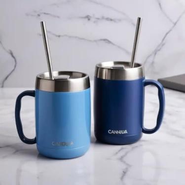 Imagem de Caneca Térmica Parede Dupla em Aço Inox Azul 350ml com Canudo - Estilo Premium