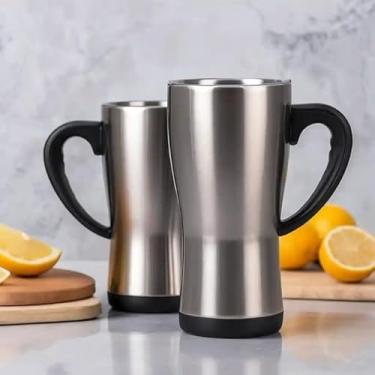Imagem de Caneca Térmica Parede Dupla em Aço Inox Cinza 400ml com Base Antiderrapante - Estilo Premium