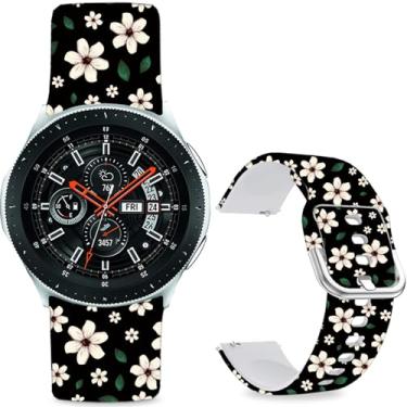 Imagem de Sjiangqiao Pulseiras estampadas com padrão compatíveis com Samsung Galaxy Watch de 46 mm/Watch 3 de 45 mm/Gear S3 Frontier/Classic/Pebble Time/V de silicone de 22 mm para homens e mulheres (flor preta