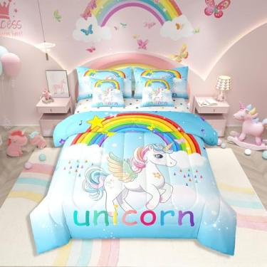 Imagem de Erosebridal Jogo de cama solteiro com edredom de unicórnio verde menta em uma bolsa com lençol de cima e lençol com elástico para crianças, adolescentes e adultos, conjunto de cama com estampa de