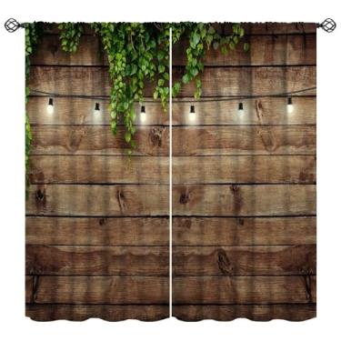 Imagem de Cortinas blackout de tábua de madeira, folhas verdes em madeira vintage tema vida campestre tábuas grunge padrão de celeiro cortinas janela 2 painéis cortina de bolso de haste para decoração de quarto