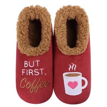 Imagem de Snoozies Par de meias femininas forradas com sherpa – Pantufas felpudas e fofas com sola antiderrapante – Pantufas femininas quentes, But First Coffee (vermelho), GG