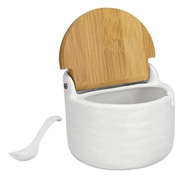 Imagem de Açucareiro, pote de açúcar de cerâmica de 250 ml com tampa e colher, jarra lavável para saleiro para temperos, pimenta, cozinha doméstica (branco)