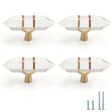 Imagem de Evionlin Pacote com 8 maçanetas de cristal hexagonais transparentes envoltas em arame de vidro latão puxador de armário para armário de móveis dourados para cômoda e cozinha