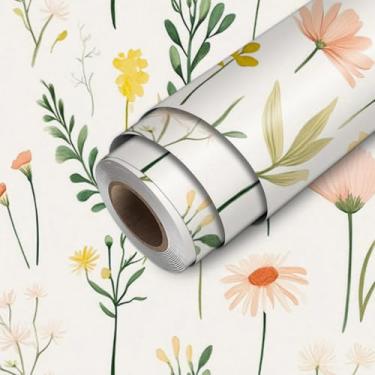 Imagem de HOMETITUTE Papel de parede descascar e colar desenhado à mão amarelo rosa verde padrão de flores silvestres papel de contato bastão de papel de parede 45 cm x 300 cm autoadesivo removível vinil