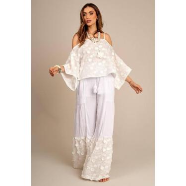 Imagem de Calça Pantalona Com Babado De Laise Branca Yacamim G9-Feminino
