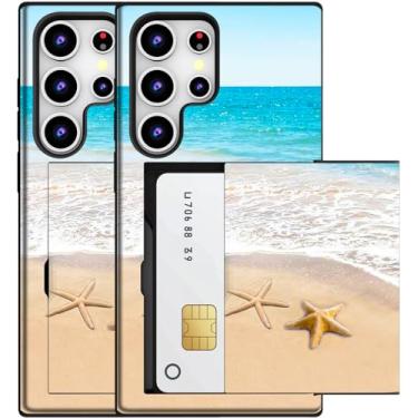 Imagem de MUQR Capa compatível com Samsung Galaxy S23 Ultra com porta-cartão fofo - Design Kawaii, proteção contra quedas de nível militar, capa carteira robusta para mulheres (praia preta estrela do mar verão)