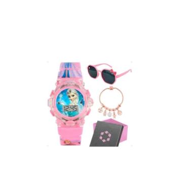 Imagem de Kit Frozen Encantado – Relógio com Luz + Óculos de Sol + Pulseira + Caixa Rosa Presente para Meninas