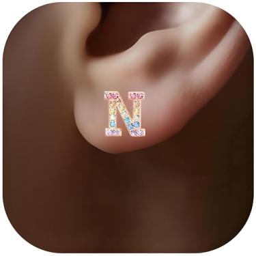 Imagem de Brincos com inicial de ouro, brincos coloridos com letras de strass, monograma, alfabetos de A a Z, ideia de presente dos brincos, Ouro rosa, Cristal