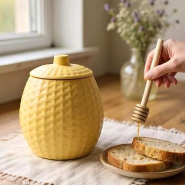 Imagem de Meleira Porcelana Com Tampa Pegador Bege Abelha 420ml Mel - Hauskraft