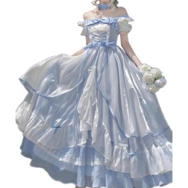 Imagem de Vestido de princesa Lolita azul para mulheres – vestido de baile vitoriano com mangas bufantes, babados e renda cosplay fantasia, Branco, G
