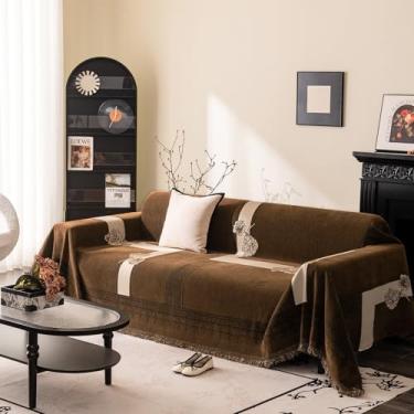 Imagem de DREAMINGO Capa de sofá vintage de chenille, floral, jacquard para sofá de 3 lugares, lavável, protetor de sofá para cães e gatos, antiderrapante, 180 x 381 cm, marrom