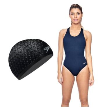 Imagem de Maiô Natação Speedo Cross Costas Cruzadas + Touca Water Drops Silicone (BR, Alfa, XG, Plus Size, Marinho)