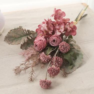 Imagem de Flores artificiais de seda de outono, buquê de rosas e hortênsias, dente-de-leão, flores artificiais para sala de estar, decoração de mesa de casamento (rosa vermelha)