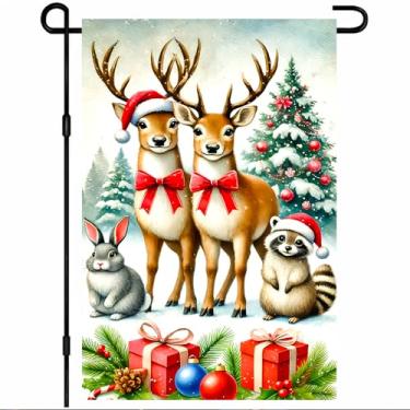 Imagem de BlissYard Bandeira de jardim de Natal, 30,5 x 45,7 cm, rena, animal, ao ar livre, com caixa de presente de árvore de neve, chapéu de Papai Noel, coelhinho de guaxinim, decoração festiva de inverno
