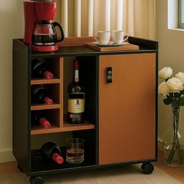 Imagem de Aparador com 1 Porta Moderno com Adega e Nichos Buffet com Rodízios Prateleira Interna Para Sala de Estar Cozinha (Preto/nature)