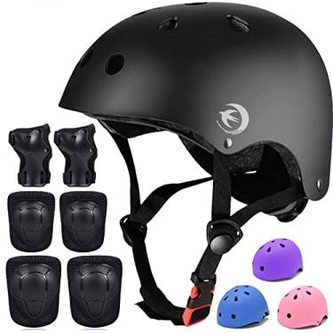 Imagem de Conjunto de capacete infantil com joelheiras, cotoveleiras, protetores de pulso, capacete ajustável para crianças e jovens, 3 a 14 anos, conjunto de equipamentos de proteção para meninas, meninos