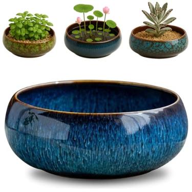 Imagem de Vaso de tigela de lótus – Vaso de cerâmica para plantas aquáticas, bonsai sagrado, flor de lótus, vaso de vidro raso para sementes, bonsai, suculentas, plantas hidropônicas (azul)