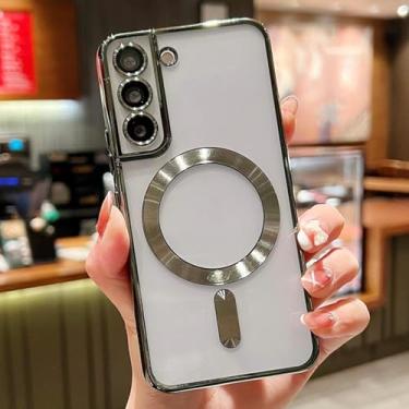 Imagem de HJZSZX Para S24 Ultra Luxury Plating Clear Magnetic Wireless Charge Case Silicone Cover (Para S24 Ultra/Verde Escuro)