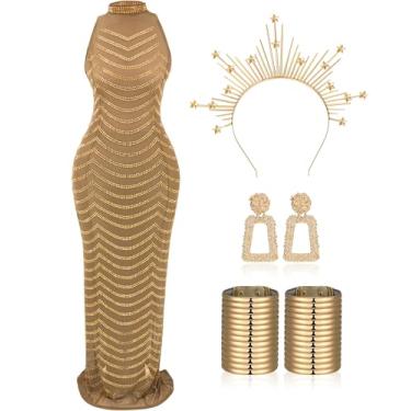 Imagem de Jeere 6 peças de vestido feminino com strass, dourado, festa, boate, joias africanas, egípcio, pulseira, brincos, coroa de maria, XX-Large, Poliéster