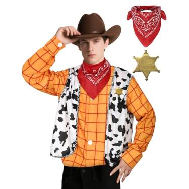 Imagem de Fantasia de caubói masculina amarela xadrez colete com lenço de pescoço e emblema de metal estrela traje ocidental Halloween cosplay