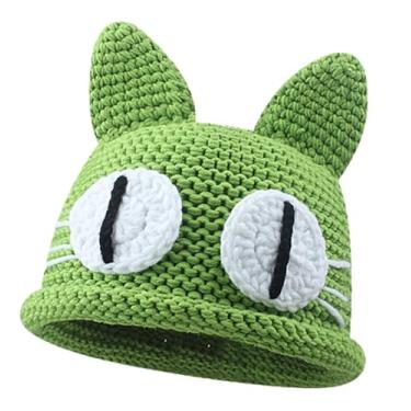 Imagem de Chapéu bucket para mulheres e homens, feito à mão, crochê, orelhas de gato, chapéu de tricô com olho grande, colorido, acessório para a cabeça, presente diário, inverno quente, Verde, tamanho �nico