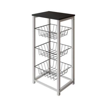 Imagem de Fruteira De Chão Cozinha Desmontada Aço Branco Cesto Preto Tampo Preto