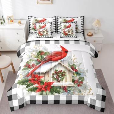 Imagem de Conjunto de cama queen com beija-flor de inverno, 7 peças, conjunto de edredom rústico com estampa de pássaro, poinsétia de Natal, com lençóis, xadrez, preto, branco, retrô, em uma bolsa com fronhas